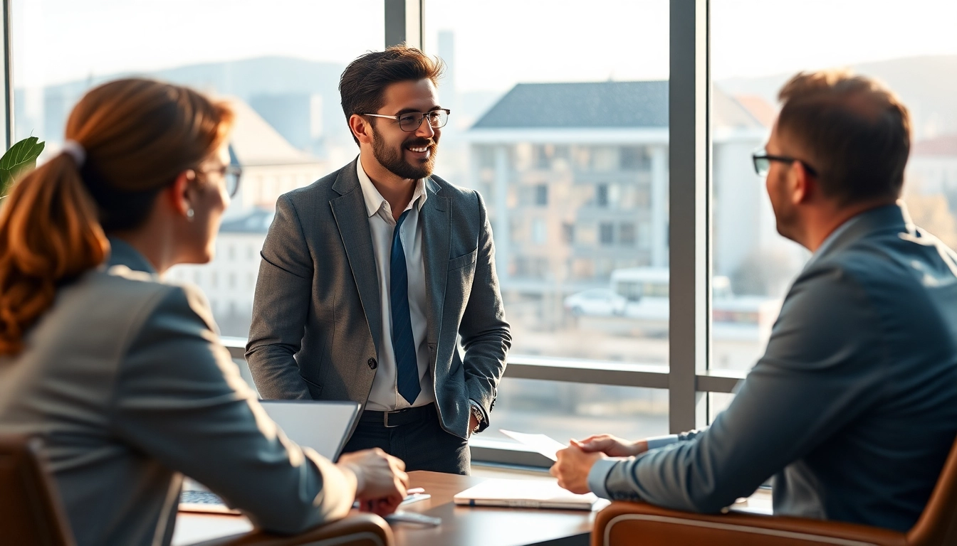 Headhunter Schweiz im professionellen Büro, der mit einem Kandidaten spricht.