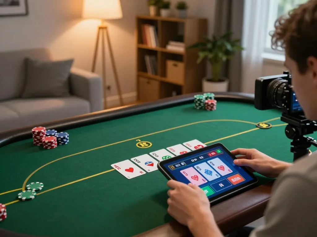 Player enjoying poker on a tablet, showcasing strategic gameplay at home with sunwin app.