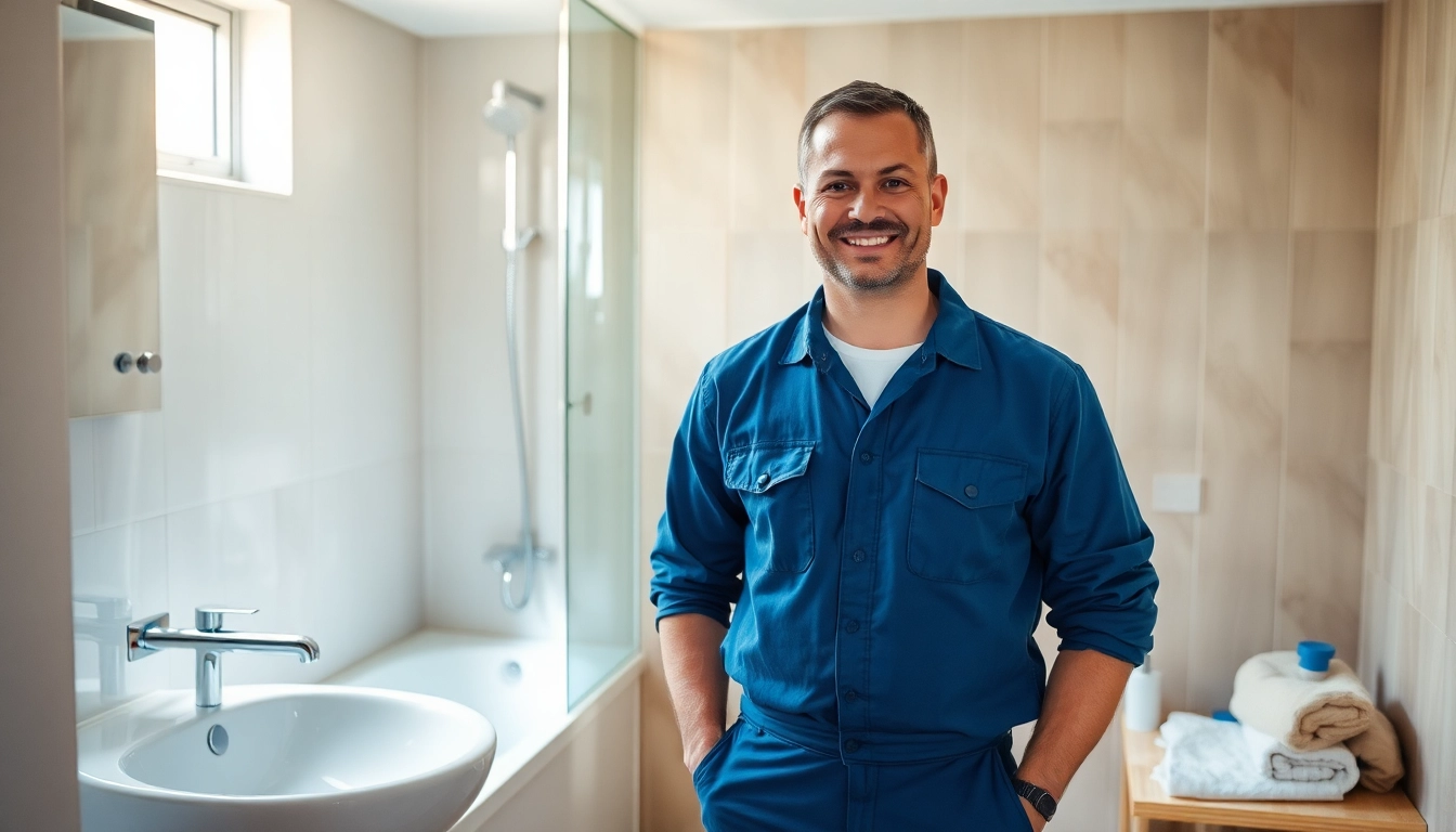 Installateur Notdienst: Professioneller Installateur repariert Wasserleck in einem modernen Badezimmer.