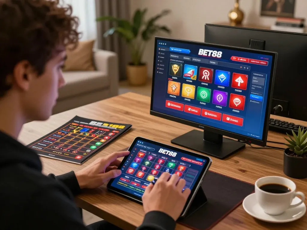 Engagement in BET88 online gaming on tablet, showcasing strategic betting at home