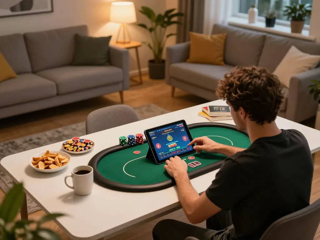 Person engaged in online poker game on tablet, contemplating if qq88 lừa đảo không ? in cozy home setting.