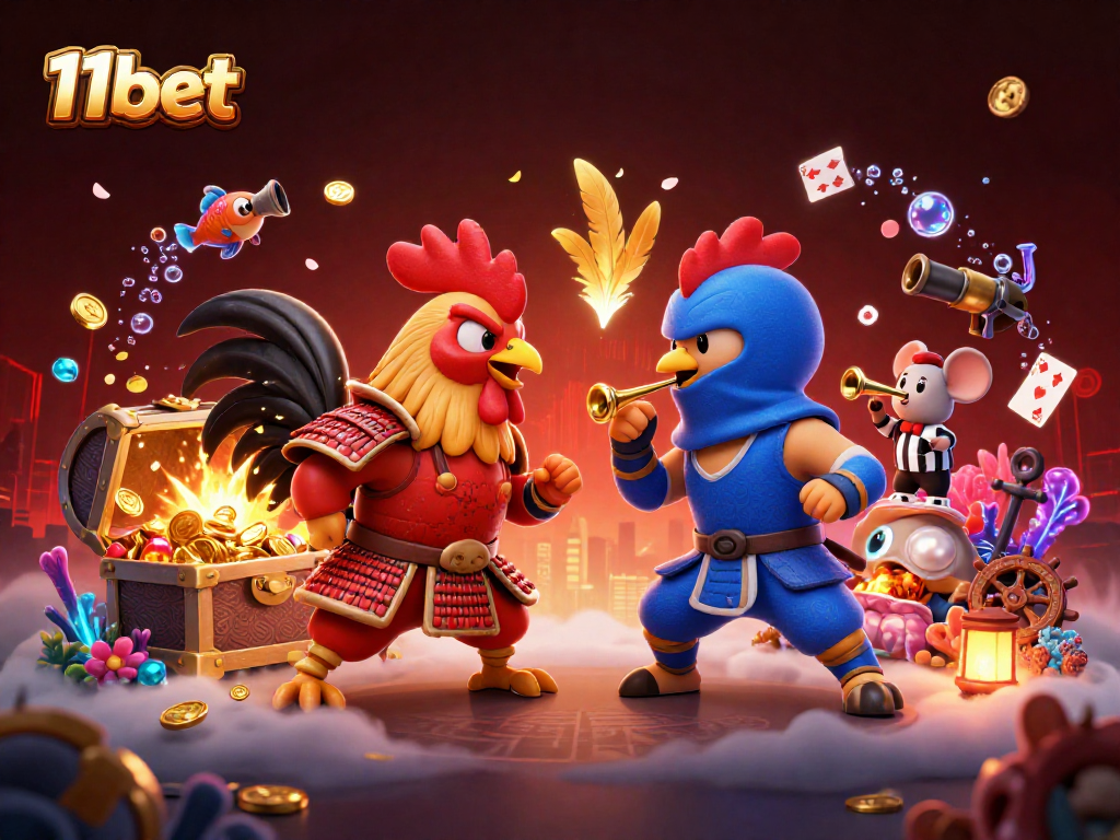 Engage in exhilarating cockfighting action with 11bet's 3D cartoon illustration featuring colorful roosters.
