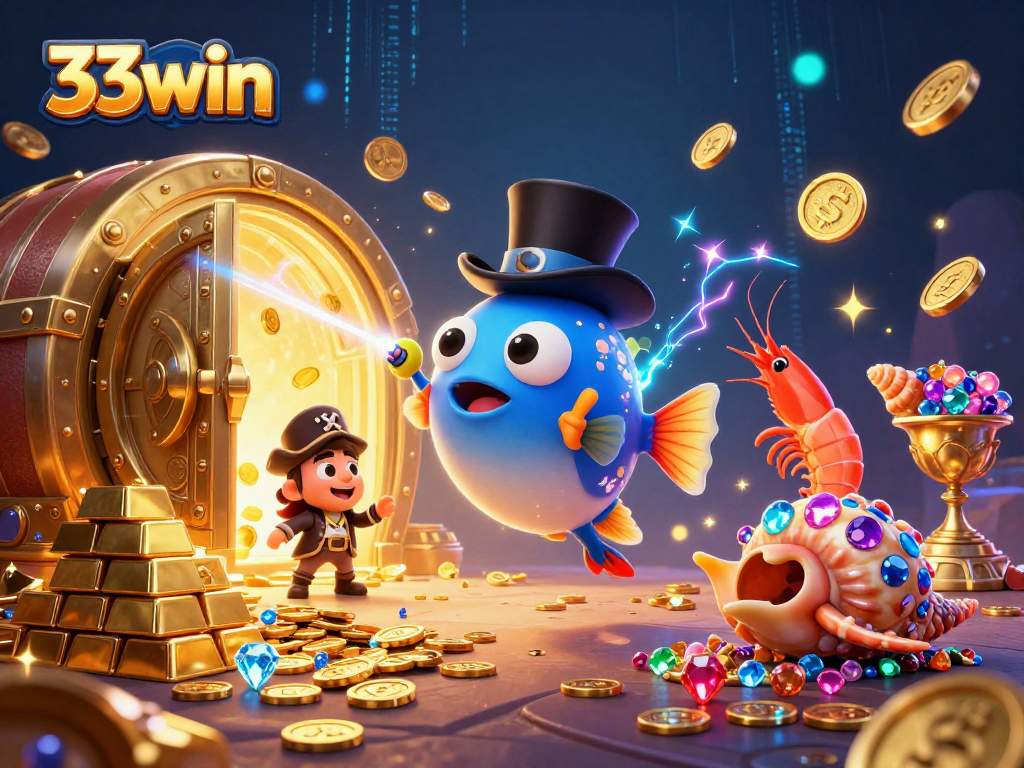 Attract golden coins with 33win in a vibrant underwater casino scene featuring dynamic characters and treasures.
