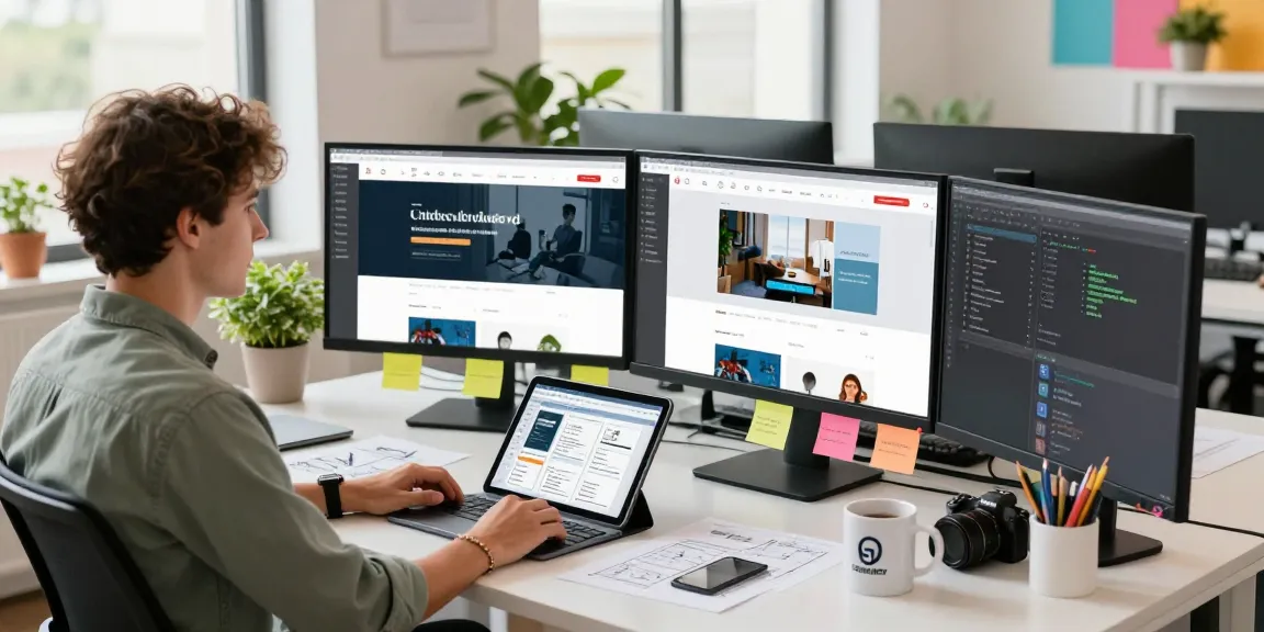 Web Agentur digitaler Arbeitsplatz mit Designer, der lebendige Website-Prototypen präsentiert und eine innovative Designatmosphäre schafft.