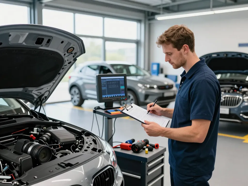 Expertenanalyse durch einen KFZ Sachverständigen in Bonn in einer modernen Garage.