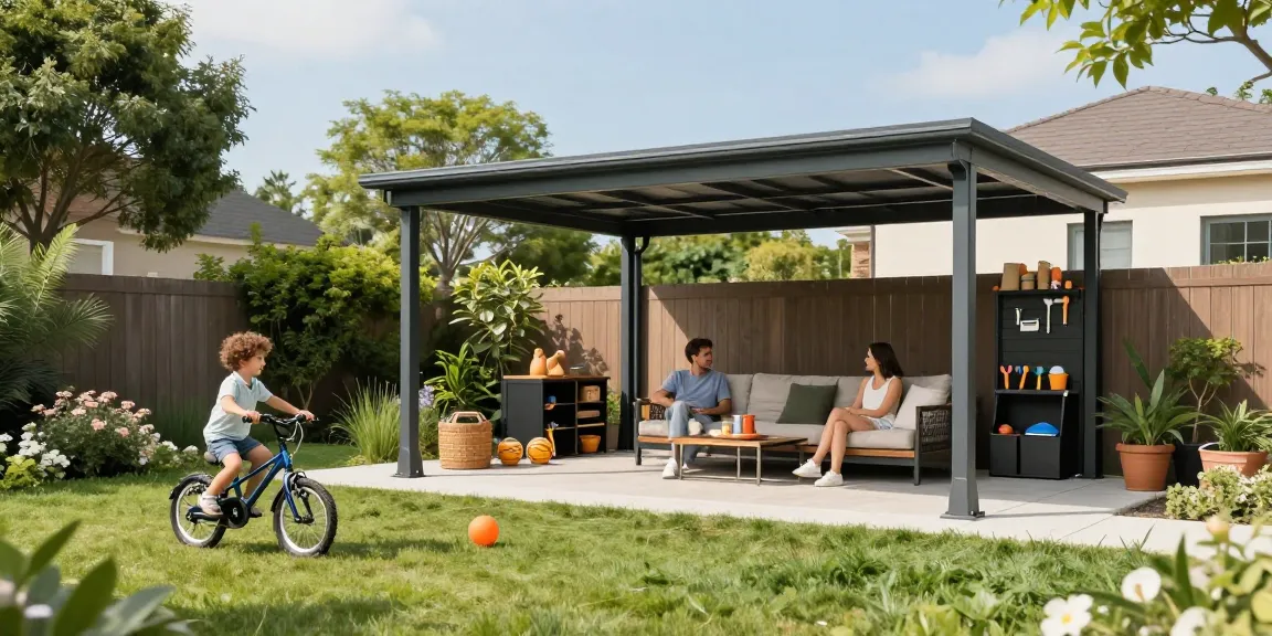 Moderne Carport-Installation mit Familie im Garten, Kinder spielen mit Fahrrad.