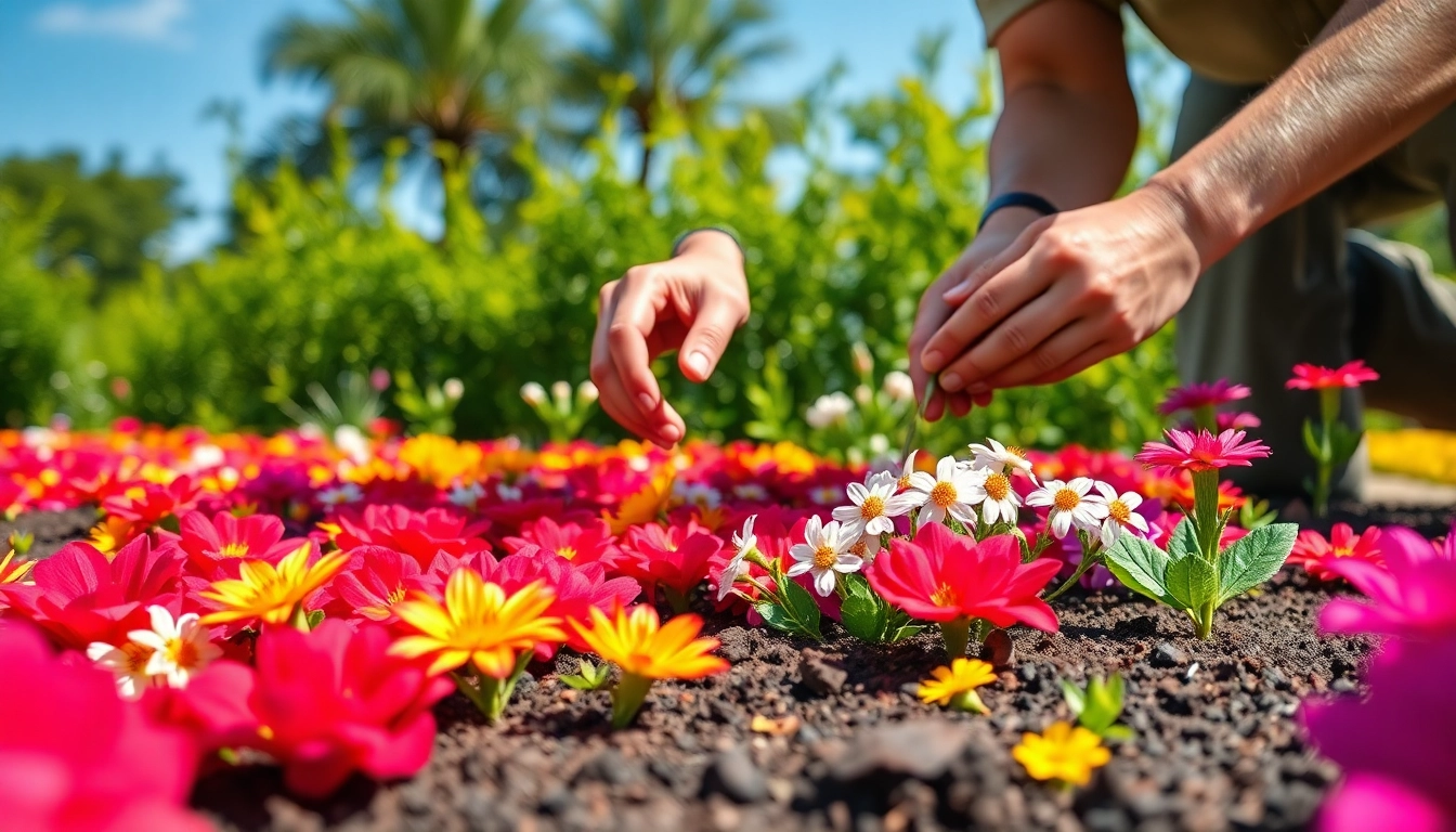 Gartenbau: Ein Gärtner in Aktion, der leuchtende Blumen plant und ein kreatives Layout gestaltet.