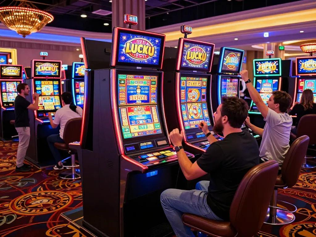 Players enjoying the Lucky 88 slot machine amidst a lively casino atmosphere with cheering and colorful lights.