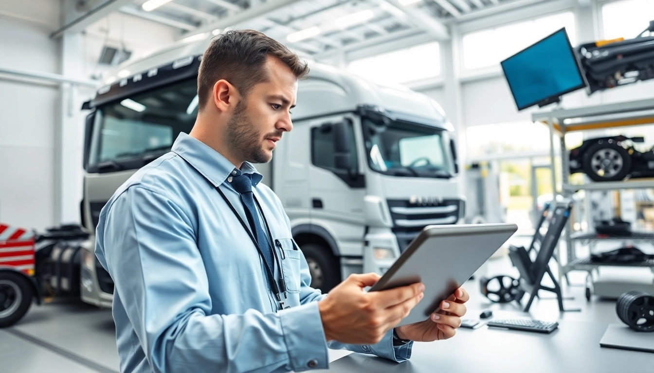 Prüfen von Lkw Gutachter Augsburg in einem modernen Büro mit Inspektionsgeräten.