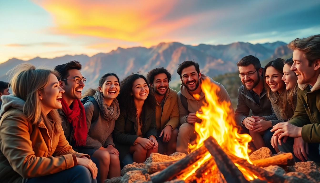 Reisen mit fremden erfahrungen, Leute erleben Nähe und Freude am Lagerfeuer.