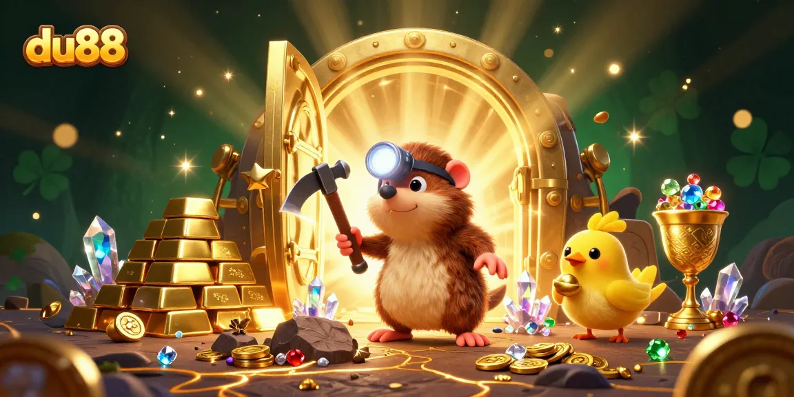 Join du88 in an exciting treasure hunt in a rich 3D casino mining scene filled with gems.