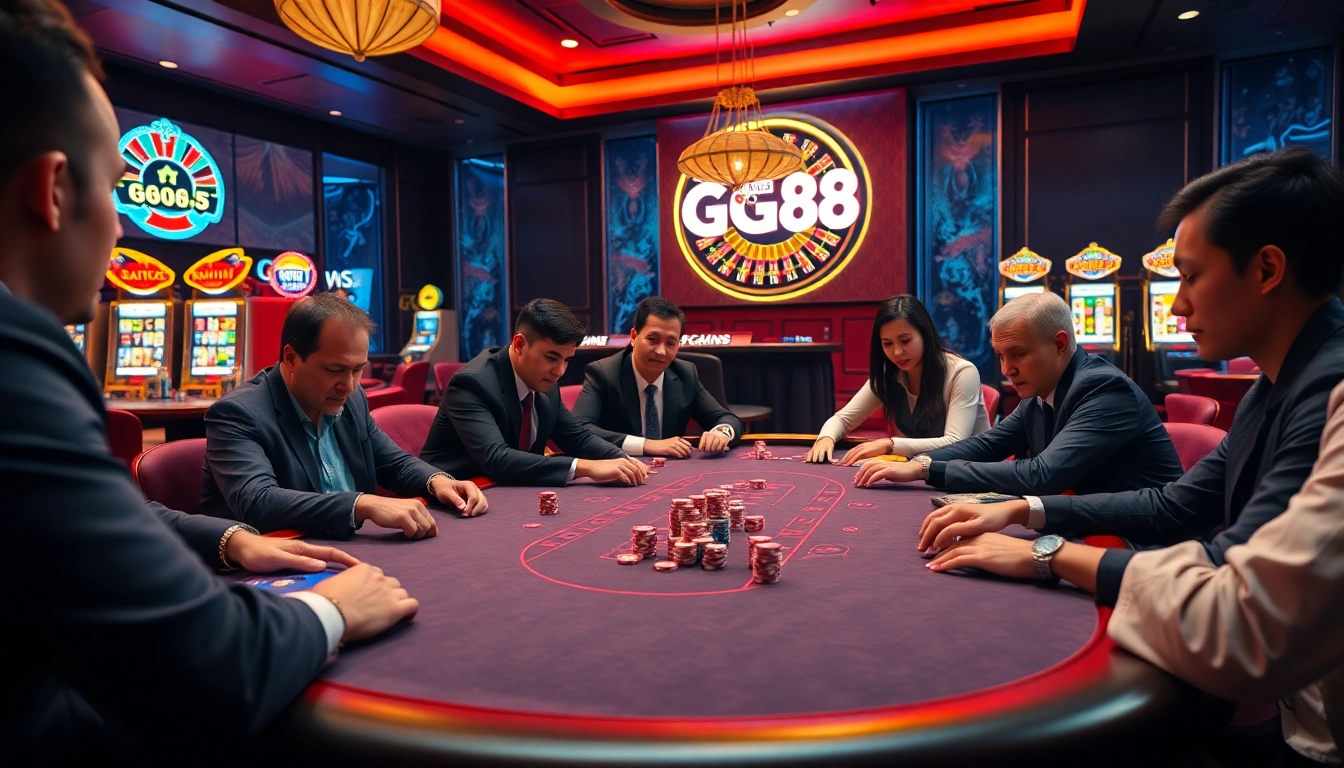 Experience the excitement of GG88 with players engaged in a poker game amidst vibrant casino elements.
