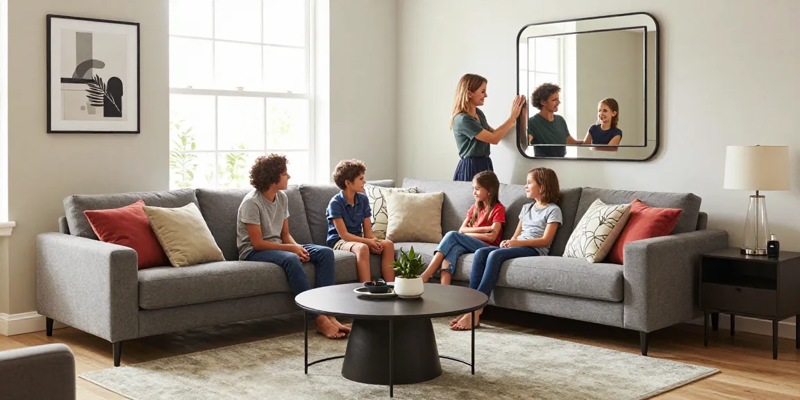 Familie genießt neue Möbel im hellen Wohnzimmer und präsentiert den Möbel Shop Online mit stilvollem Dekor.
