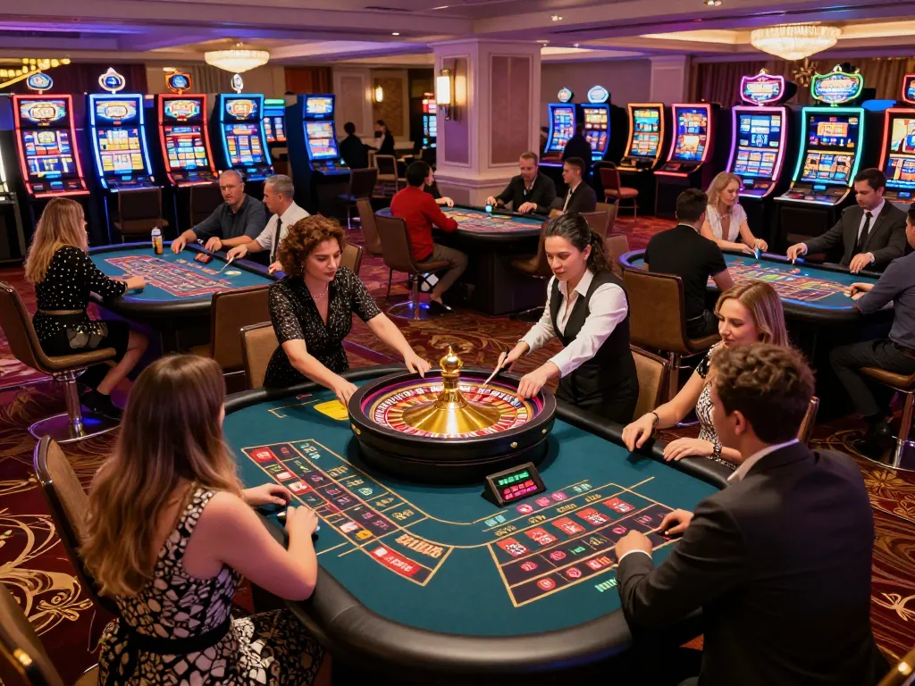 Engaging audience at f168 casino as players intensely focus on spinning roulette wheel amidst lively atmosphere.
