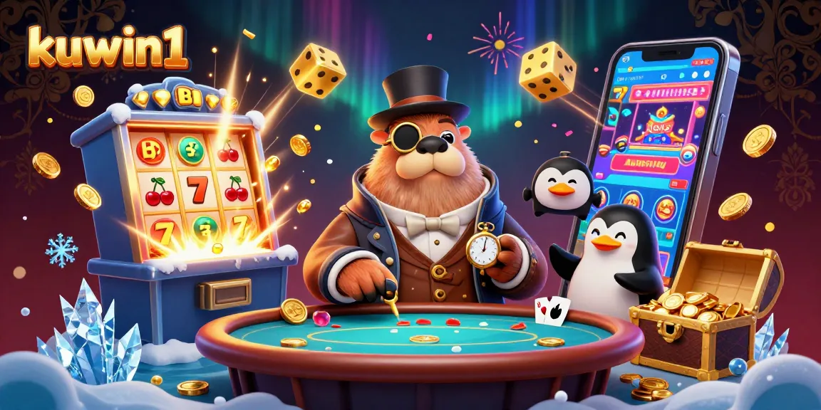 Kuwin1 animated scene featuring a walrus, penguin dealer, and pufferfish at a poker table surrounded by vibrant slot machines and festive elements.