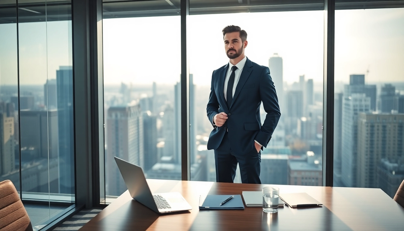 Headhunter CEO berät vor einem Stadtblick und zeigt Professionalität.