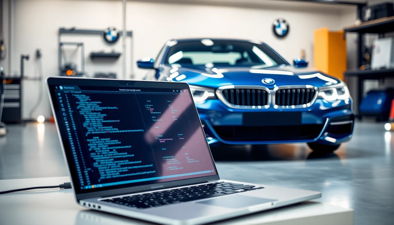 BMW Codierer bei der Arbeit an fortschrittlichen Coding-Tools in einer modernen Werkstatt.