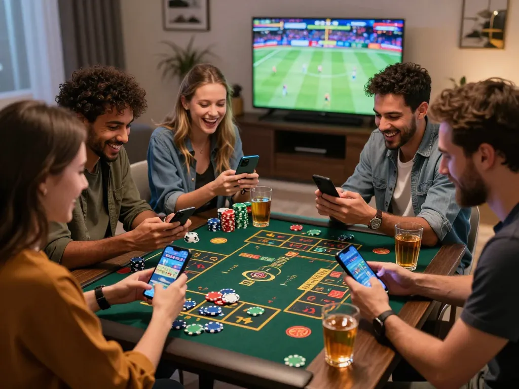 Friends enjoying zbet gaming experience together in a lively living room.
