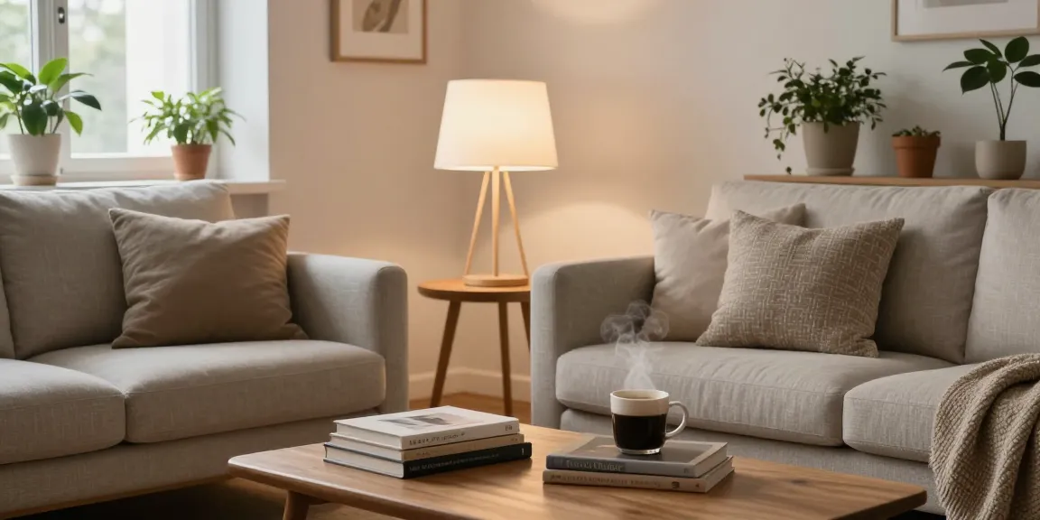 Stilvolle skandinavische Bogenlampen, die ein gemütliches skandinavisches Wohnzimmer beleuchten.