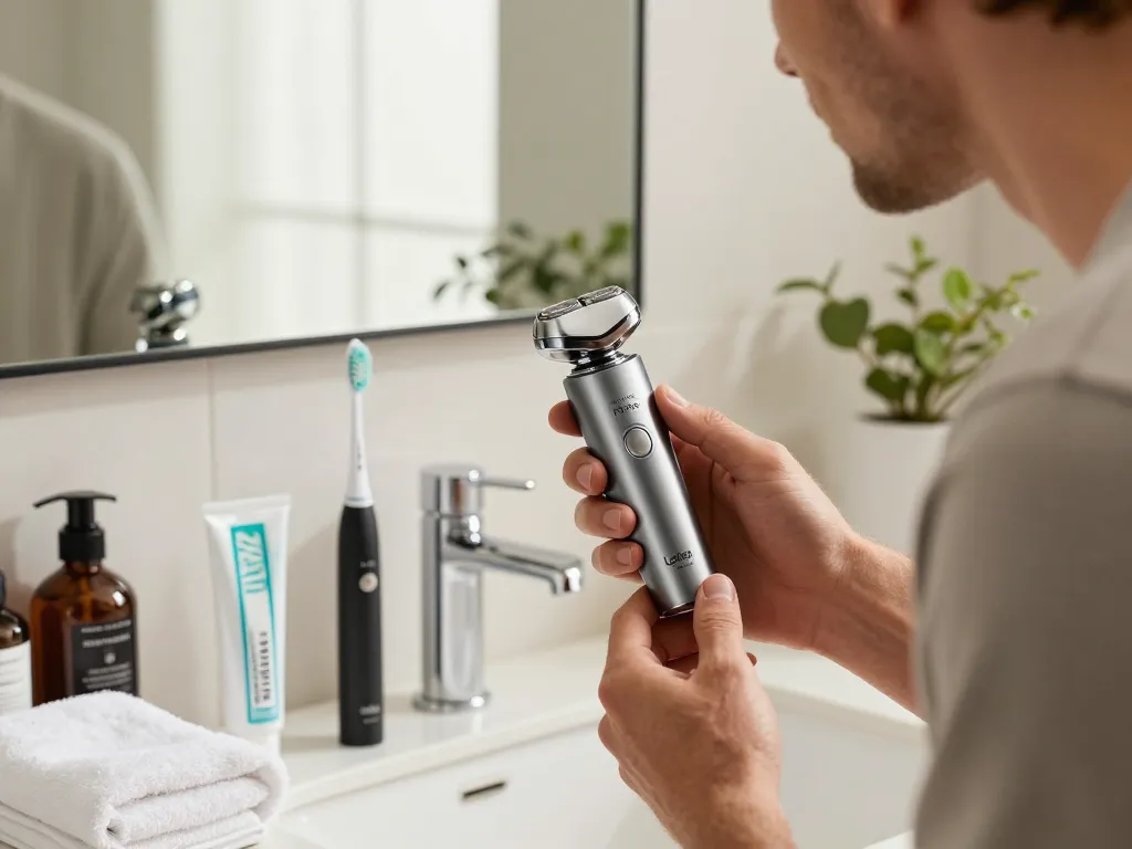 Ein Mann, der den elektrischen Rasierer von Laifen Europa in einem luxuriösen Badezimmer benutzt und moderne Pflege zeigt.