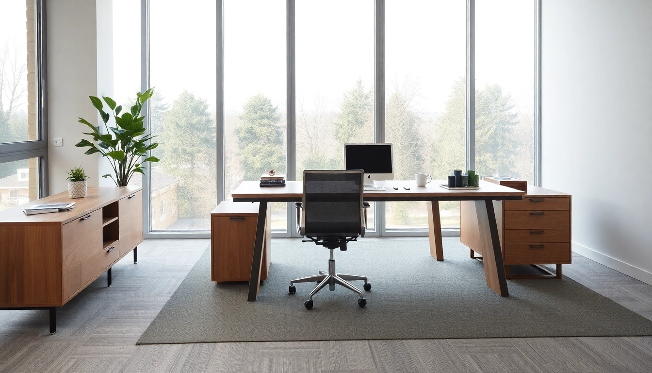 Büromöbel im modernen Stil, bestehend aus einem eleganten Schreibtisch und ergonomischem Stuhl in einem hellen, lichtdurchfluteten Büro.
