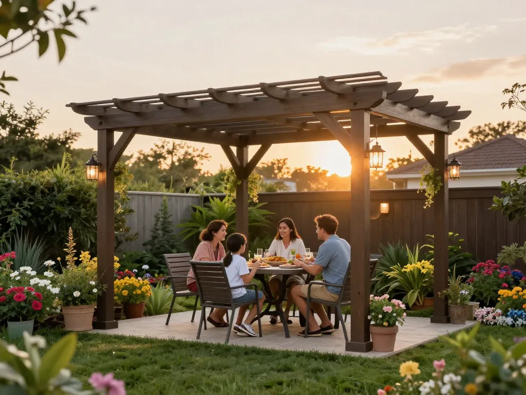 Familie, die eine Mahlzeit unter einem beautifully gestalteten Pergola-Konfigurator in einer üppigen Gartenumgebung genießt, das Outdoor-Leben zeigend.