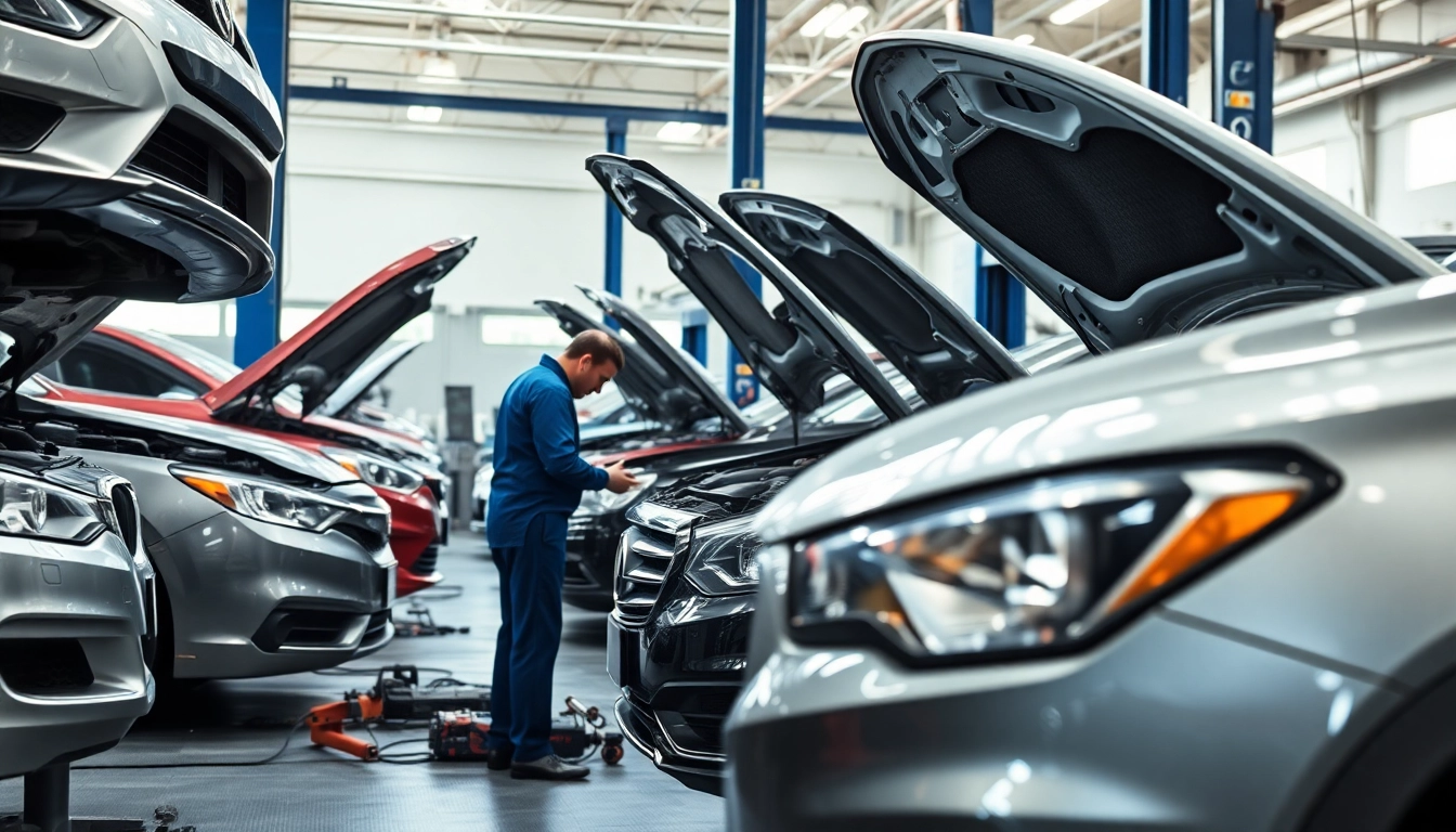 Motorschaden Ankauf in einer Werkstatt, wo Mechaniker Schäden an Fahrzeugen begutachten.