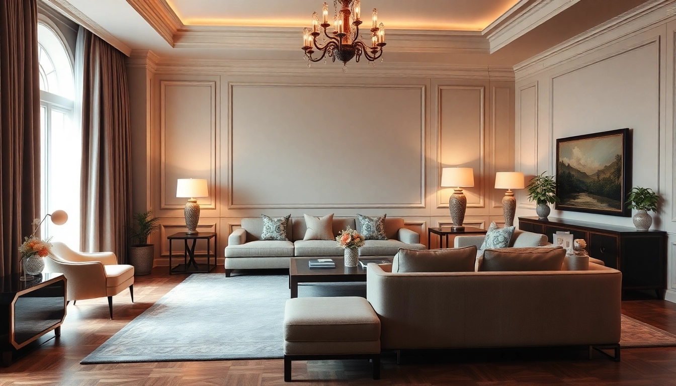 Luxury living room featuring elegant furniture and warm lighting, creating a serene ambiance.