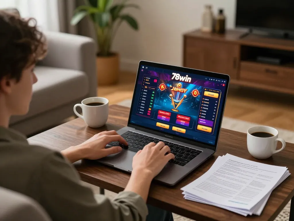 Experience thrilling gaming moments with 78win at home, enjoying your favorite casino games on a laptop.