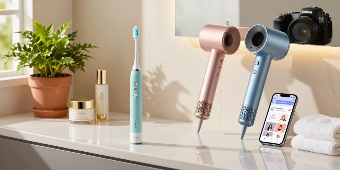 Laifen de Produkte in einem stilvollen Badezimmer mit elektrischer Zahnbürste und Haartrockner.