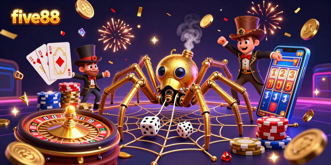 Experience gameplay excitement with five88 as a golden spider weaves a web of poker chips and treasures.