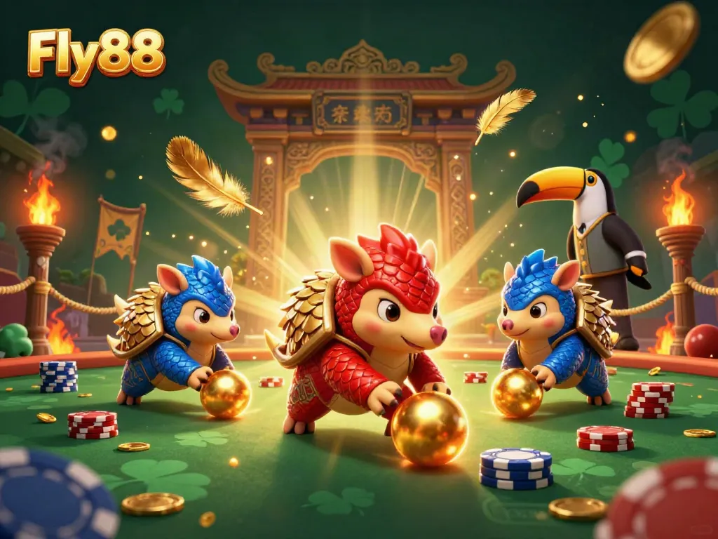 Engaging Fly88 illustration of rival pangolins competing in a casino game scene, surrounded by chips and golden features.