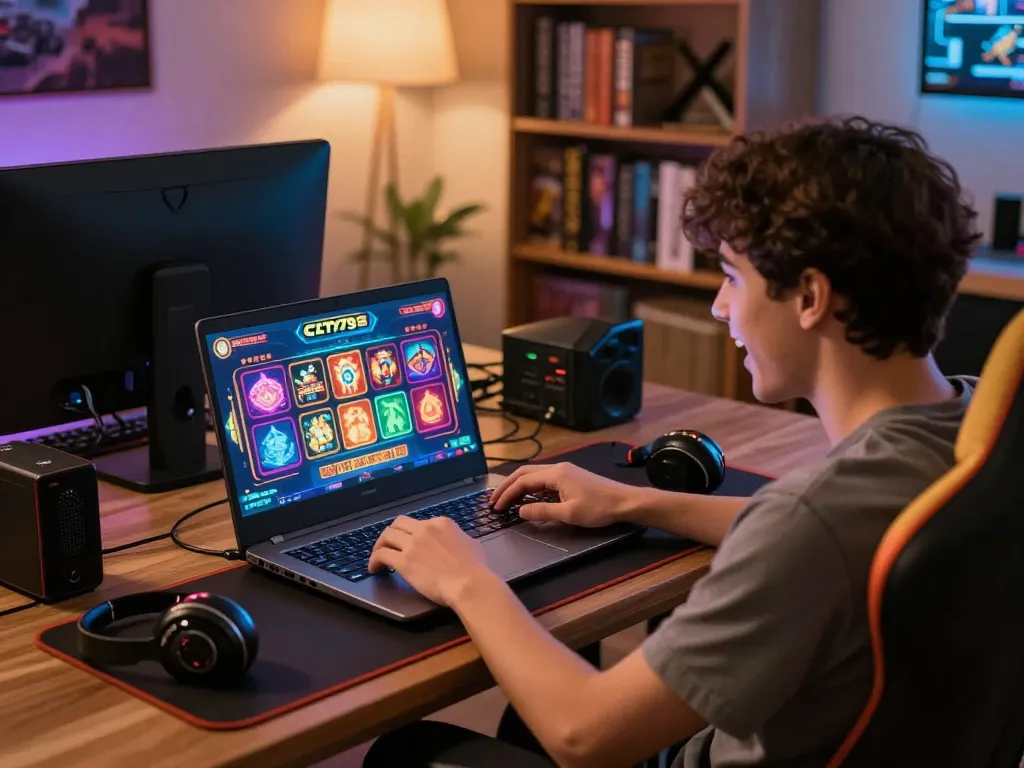 Experience fun79 gaming on a laptop with vibrant graphics and cozy lighting