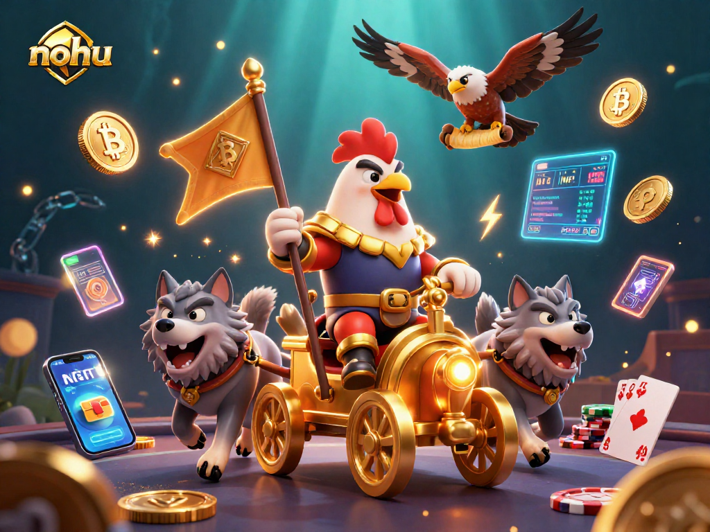 Experience nohu's thrilling poker showdown with a rooster warlord amidst Bitcoin coins and NFTs.