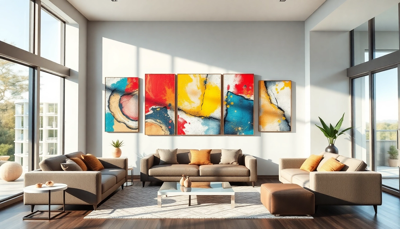 Moderne wandbilder in einem stilvollen Wohnzimmer präsentieren kreative Designs und lebendige Farben.
