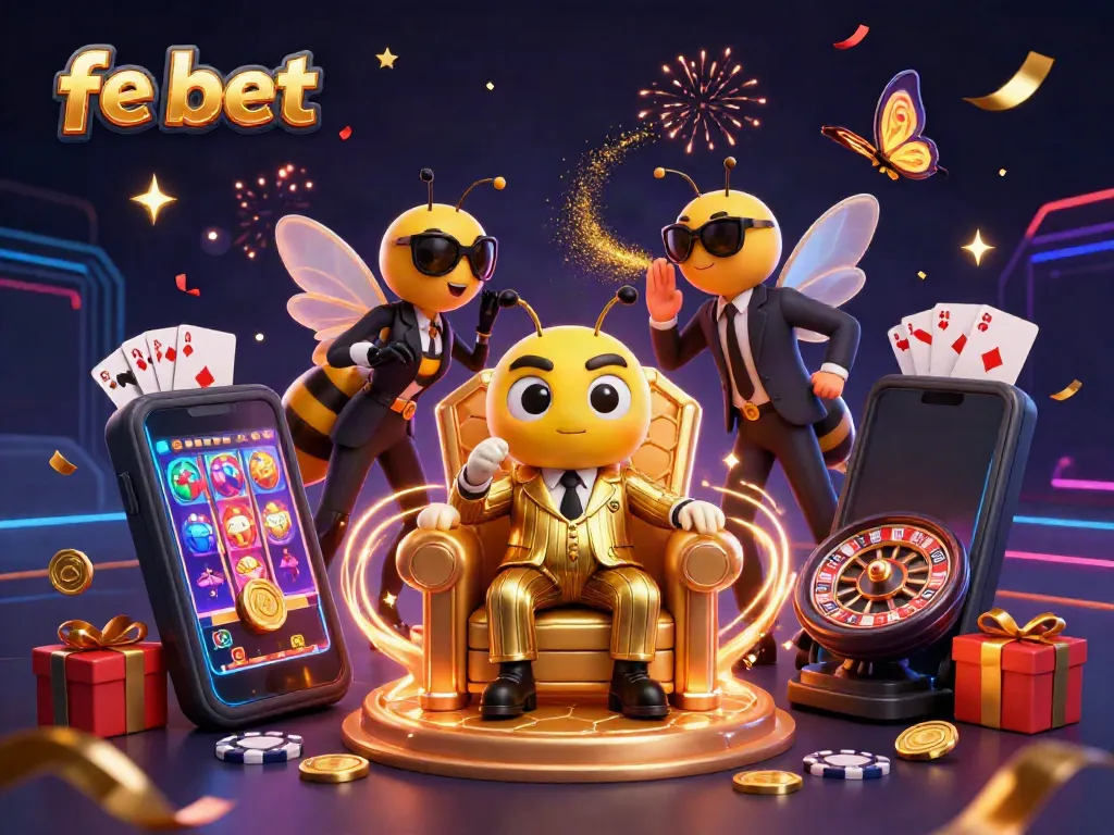 Experience the thrill of fe bet with a dynamic scene of a bumblebee mob boss, gaming elements, and neon casino decor.