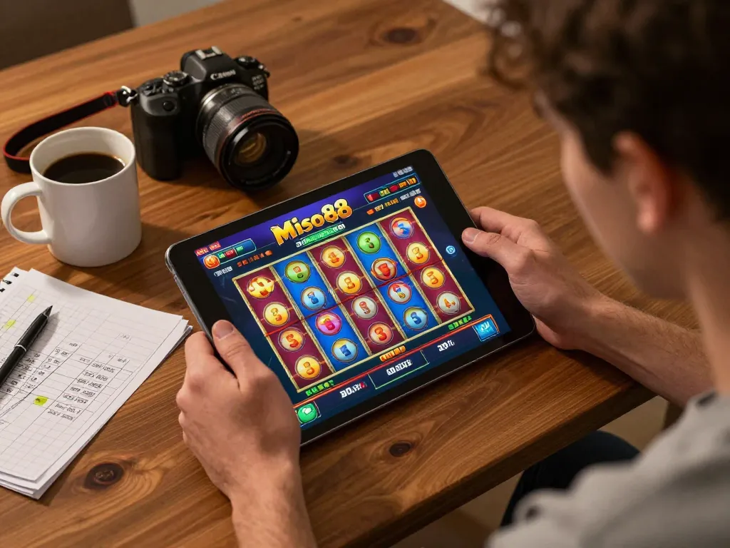 Miso88 player engaging deeply with vibrant casino app on a tablet during a cozy home gaming session.