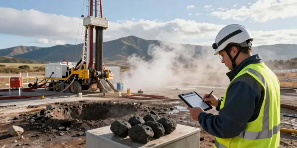 Geothermiebohrung: Geologe inspiziert Bohrgerät und Daten auf einem Tablet in einer offenen Landschaft.