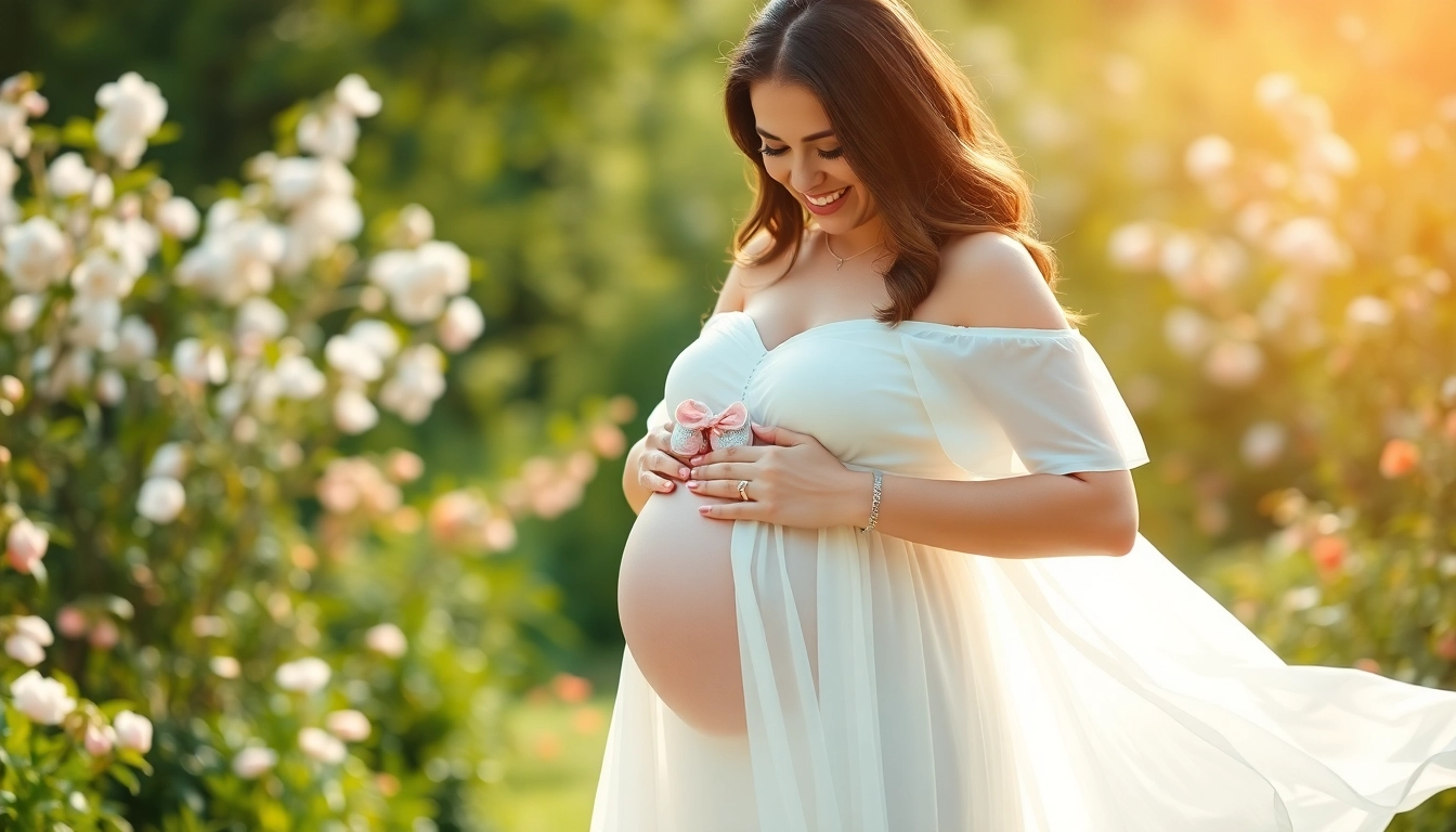 Emotionale Momentaufnahme eines Babybauch Shootings München mit einer werdenden Mutter in einem blühenden Garten.