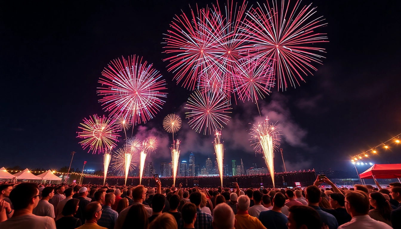 Watch spectacular wholesale fireworks lighting up the night sky over a cityscape.