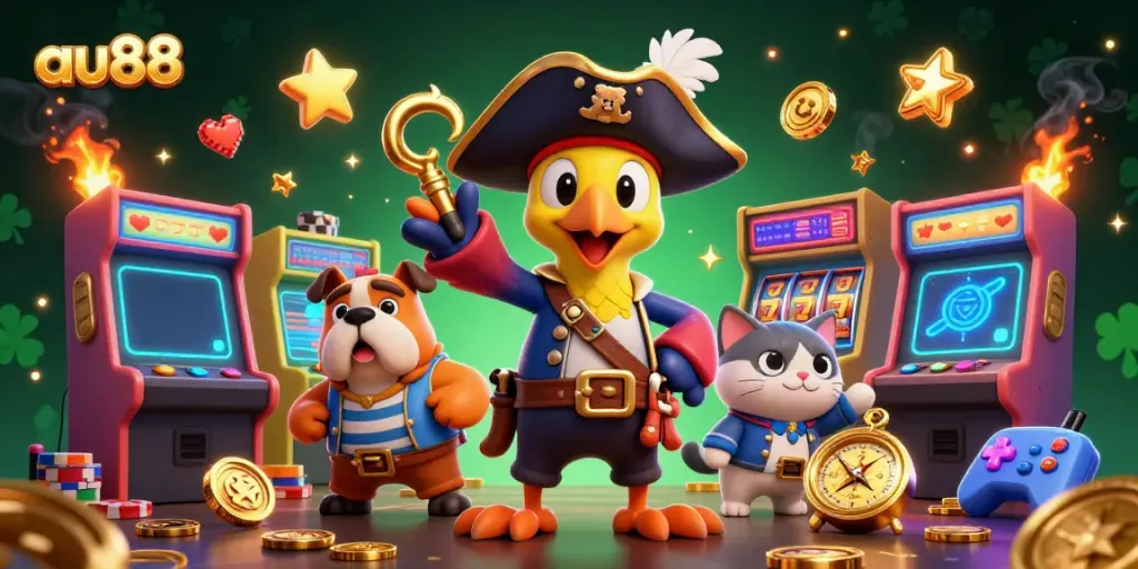 Engage in exciting gameplay with au88 featuring a lively pirate captain, bulldog, and navigational cat amidst vibrant casino elements.