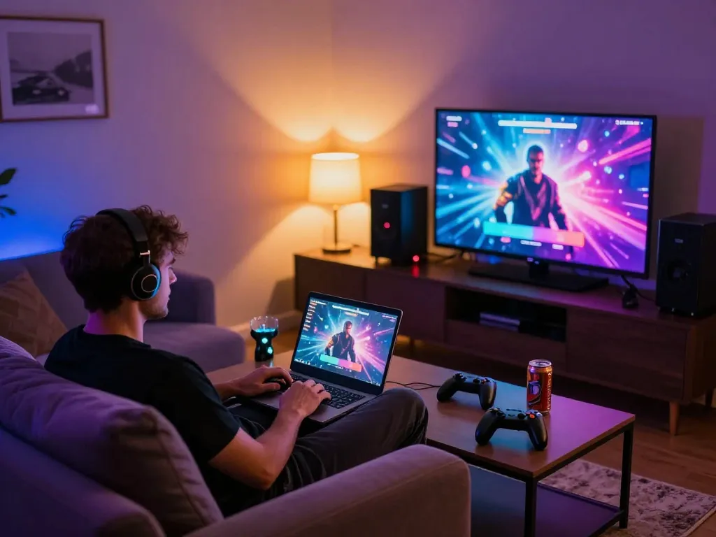 Cozy gaming corner showcasing a vibrant scene of a porn game online on a laptop.