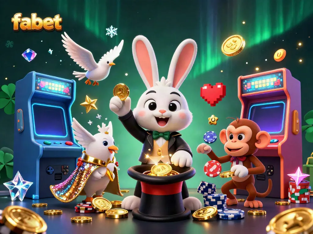 Engage in enchanting gaming with fabet as a magician rabbit pulls coins while enticing characters surround vibrant neon elements.