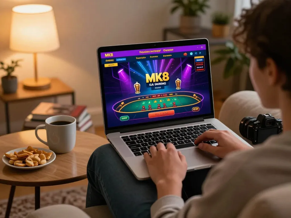 Engaging mk8 online gaming session on laptop, showcasing live dealer action in a cozy home environment.