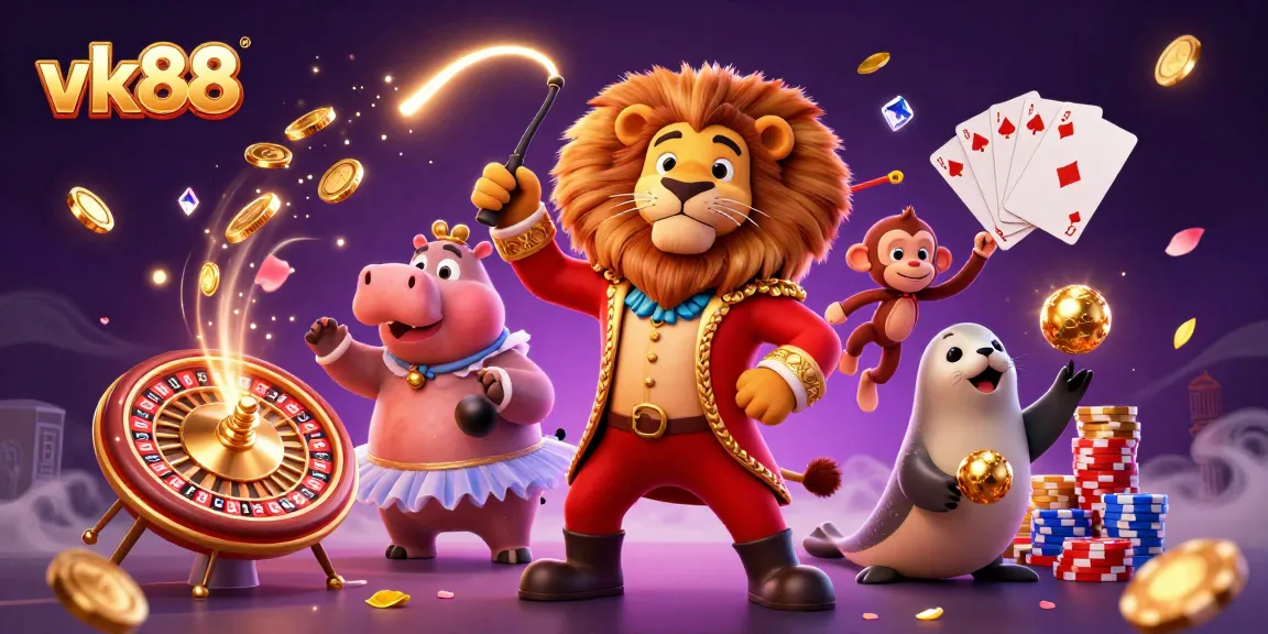 Engaging 3D cartoon illustration highlighting vk88's vibrant casino experience with interactive characters.