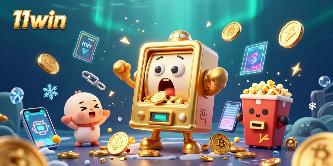 Experience jackpots at 11win with a lively 3D slot machine surrounded by gold coins and crypto symbols.