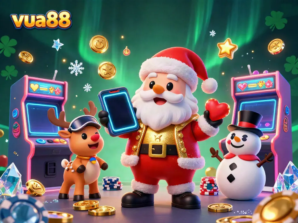 Experience the festive excitement of vua88 with Santa Claus, reindeer, and a snowman in a vibrant casino setting.