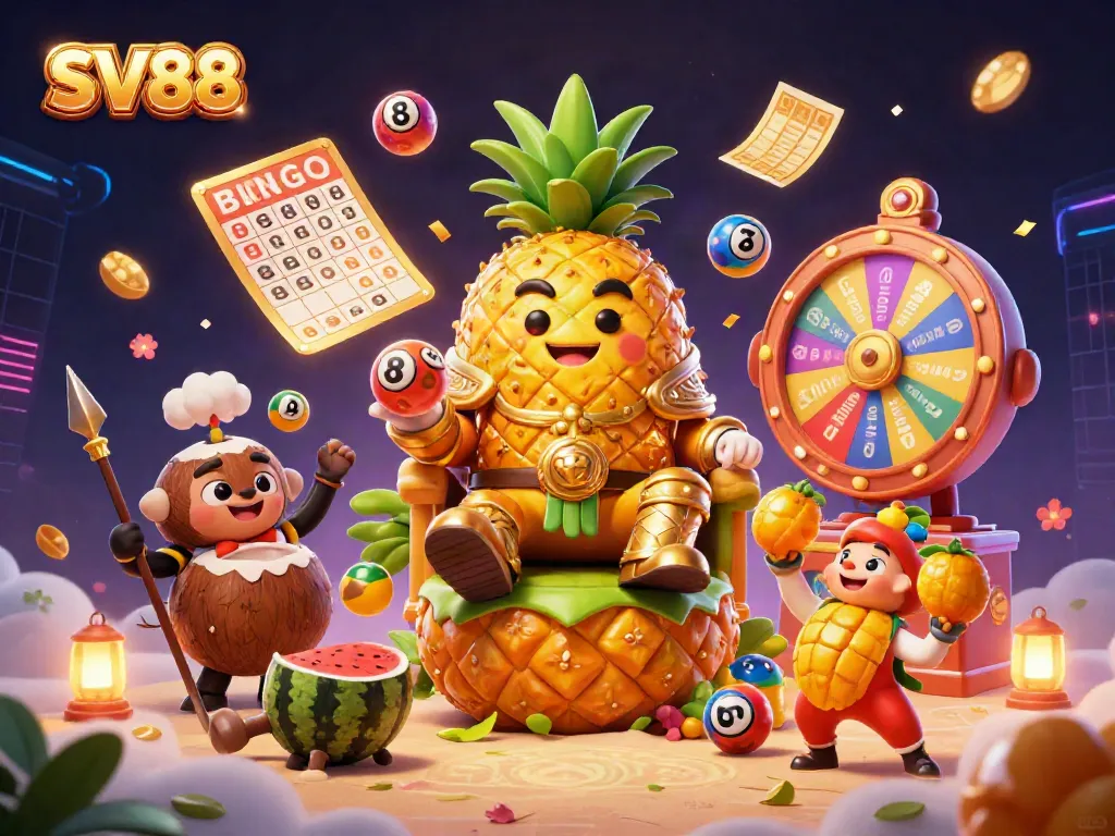 SV88 showcases a vibrant casino scene with a golden pineapple king and exciting gaming elements.