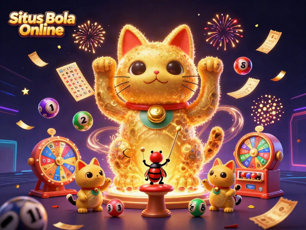 Experience the excitement of Situs Bola Online with a vibrant scene of lottery elements and a lively lucky cat!
