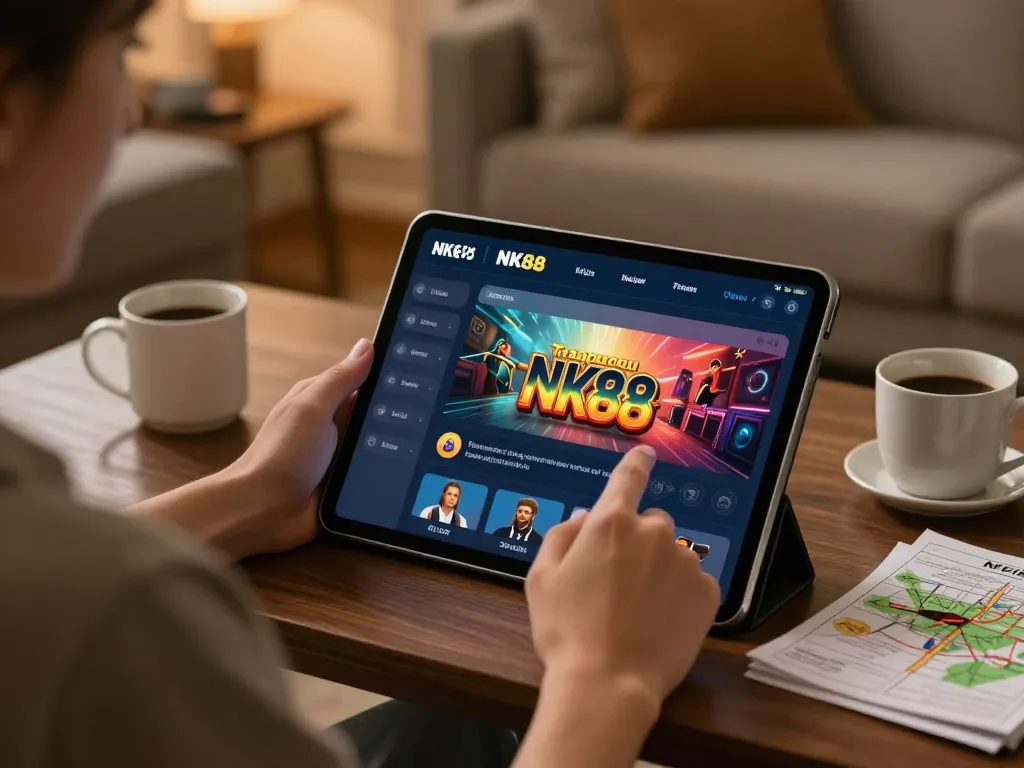 Engaging with the trang chủ NK88 casino app on a cozy tablet in a warm living room.